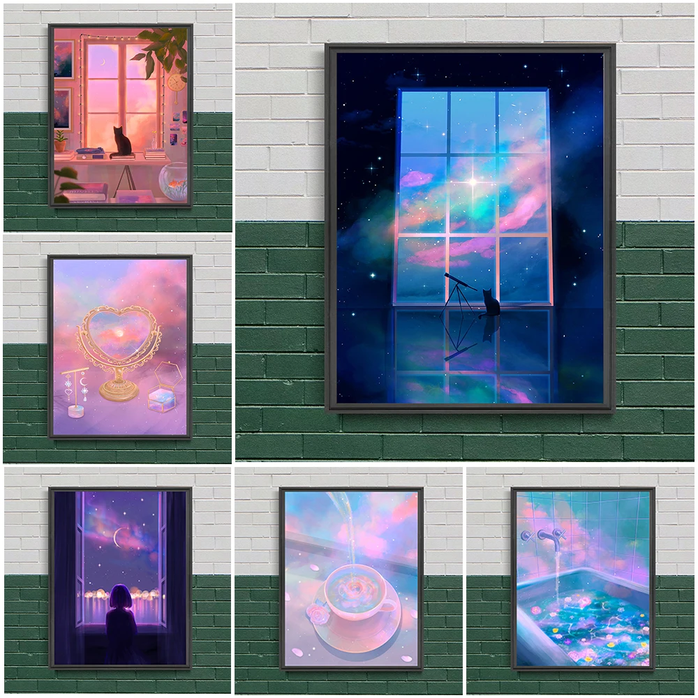 

Rose Tea And Diamond Perfume Anime Wall Art Canvas Painting Moon Cat Poster And Prints For Girls Room Decoration Unframed