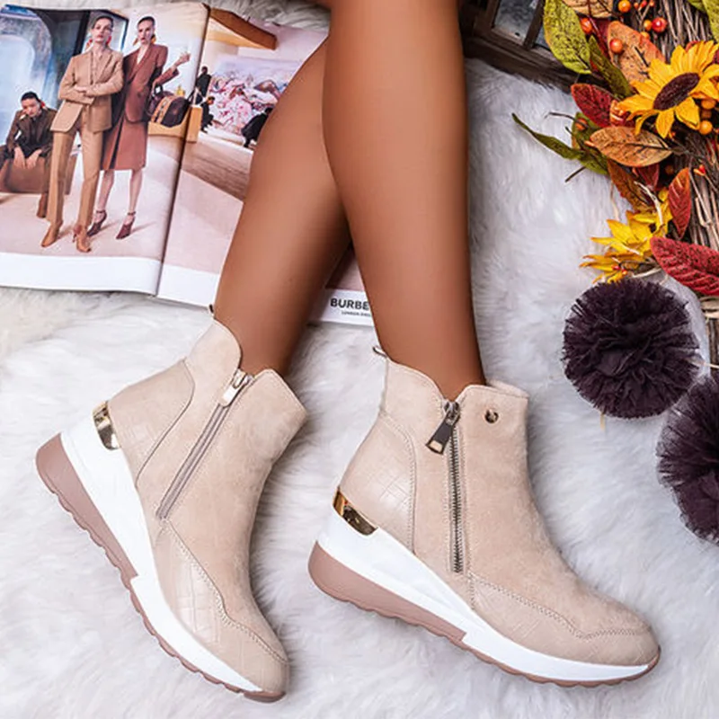 

Women Sneakers Fashion Wedges Heels Ladies Ankle Boots Autumn Winter Casual Shoes Non-slip Zipper Leather Female Footwear 2020