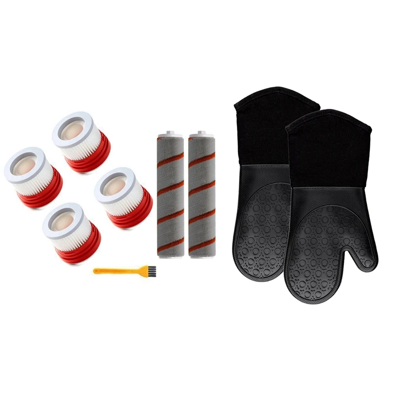 

1 Pair Silicone Oven Mitts With Quilted Cotton Lining & 1 Set Hepa Filter Roller Brush Cleaning Brush Parts Kit