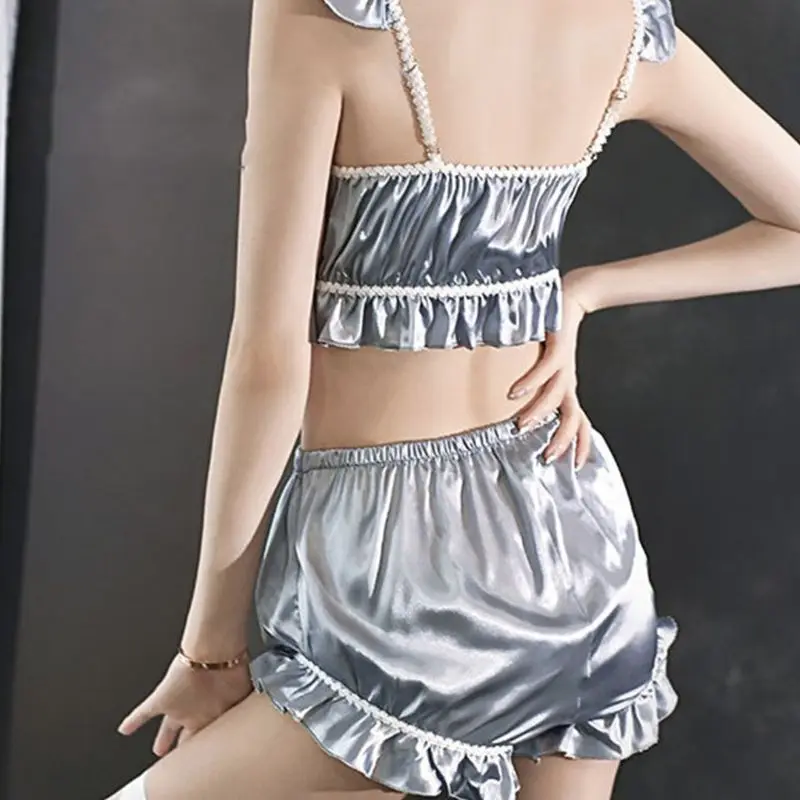 

Women Shiny Maid Lingerie Sexy Lace-Up Backless Crop Top Ruffle Shorts Nightwear Q6PB