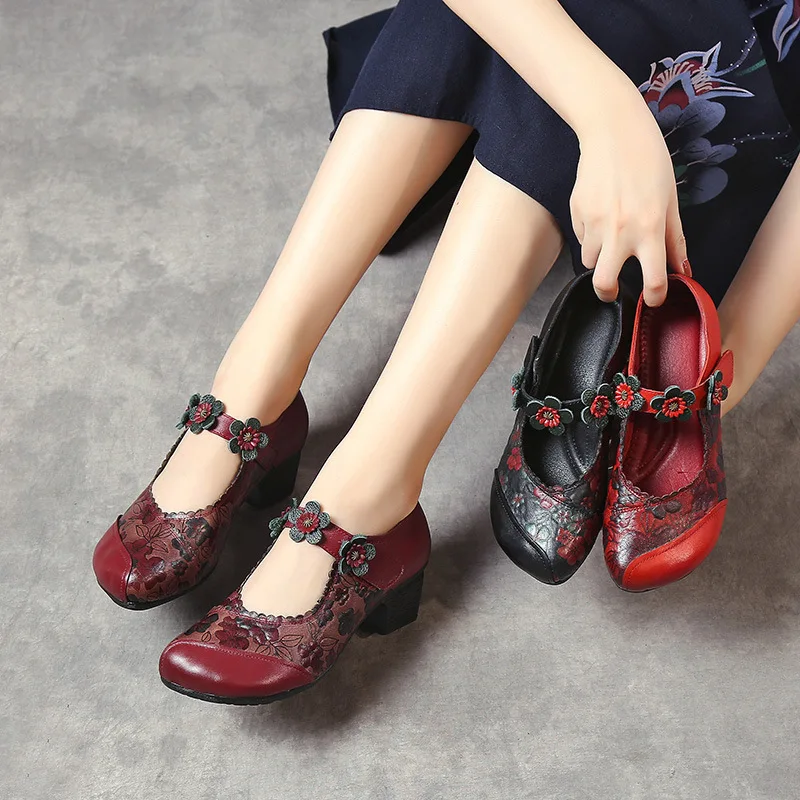 

New Retro Spring Autumn High Heels Women Genuine Leather Loafers Work Shoes Woman Thick Heels Pumps Casual Women Shoes