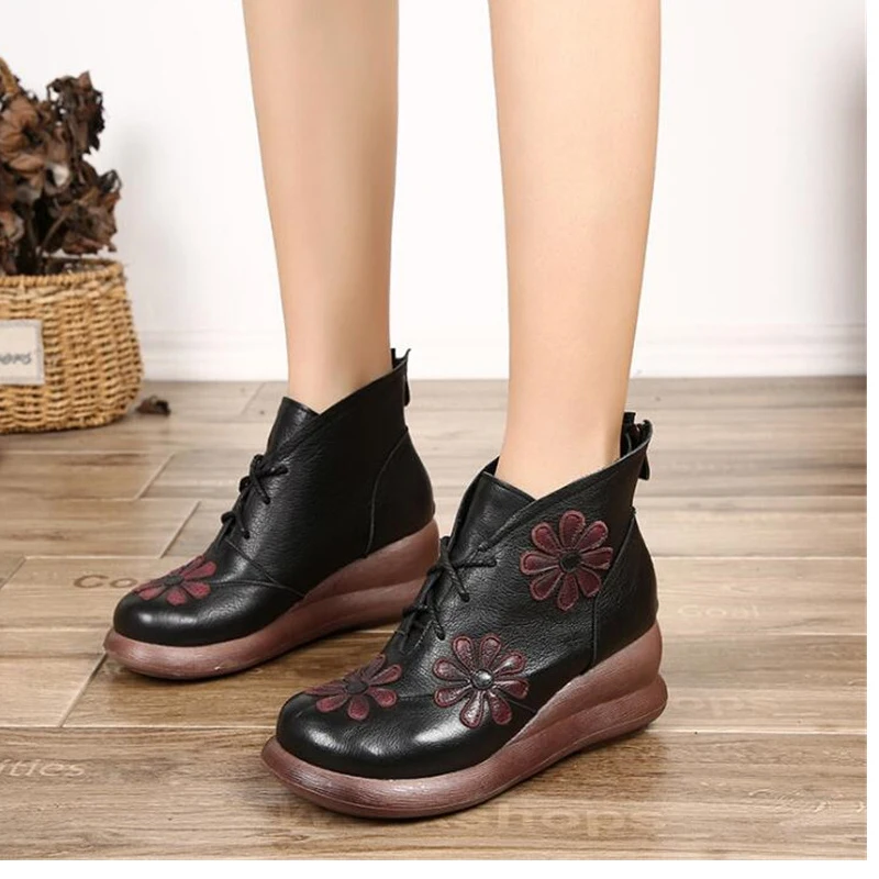 

TIMETANGNew Fashion Casual Ladies Boots Elegant Boots Genuine Leather Mid-High Heels Leisure Wedges Elegant EmbroideryBootsE1116