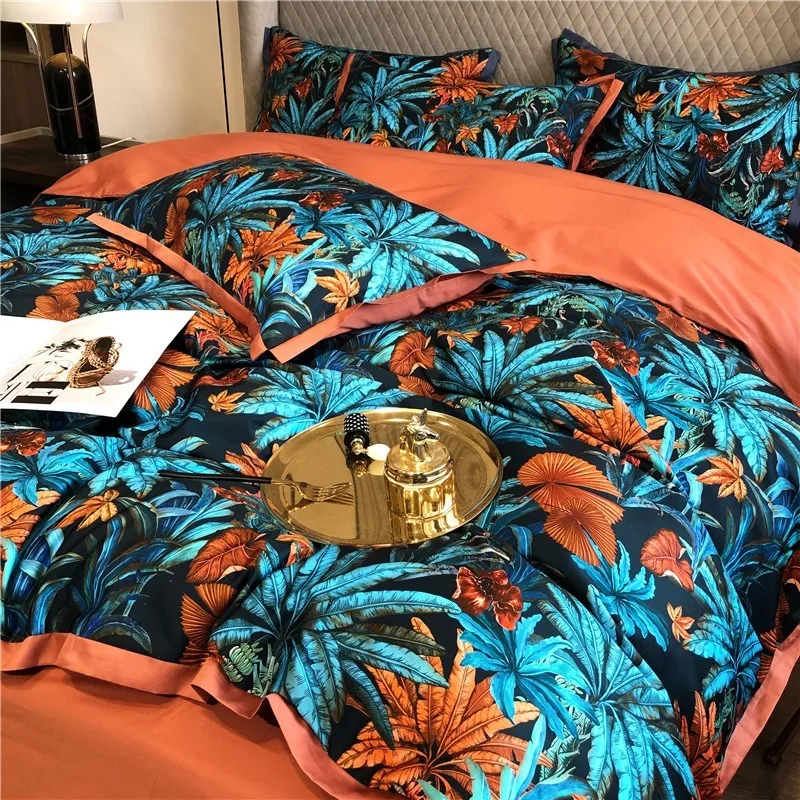 

1000TCEgyptian Cotton Colorful Boho Blooming Flowers Tropical Island Leaves Bedding Set 1Bed sheet 2Pillow Shams Queen King size