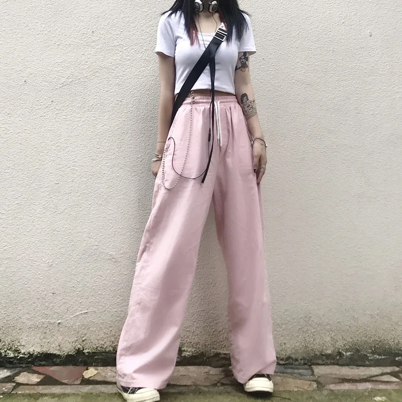 

Korean Fashion Y2k Pink High Waist Wide Leg Pants Women Vintage Harajuku Casual Streetwear Pants Japanese Jogging Sports Pants