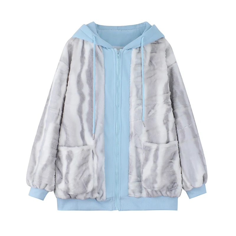 Fake Two-piece Hooded Sweater Women's Stitching Contrast Color Smudge Furry Loose Coat Warm Cotton Jacket Female Long Sleeve Top