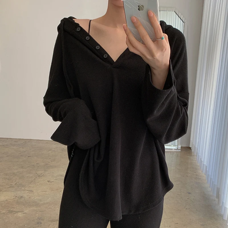 

ZAWAHIKI Hooded T Shirt Women Solid Loose Sunscreen 2021 Spring Summer Korean Retro Camisetas De Mujer Irregualar T-shirt