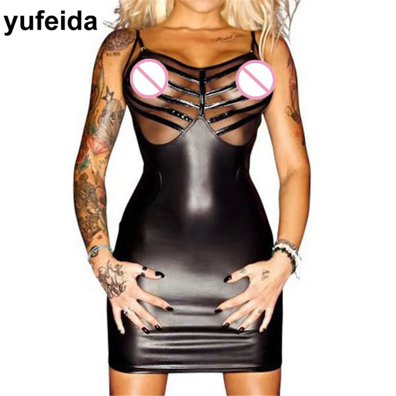 Женское платье черное сексуальное облегающее из искусственной кожи прозрачное