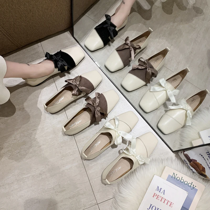 

Casual Woman Shoe Square Toe Female Footwear Low Heels Bow-Knot Slip-on Elegant Dress New Summer Butterfly Slip On Moccasin Leis