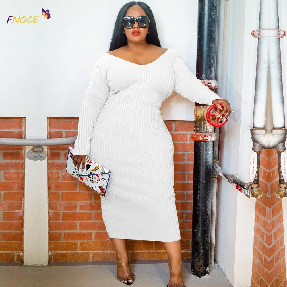 

FNOCE Women Clothing Plus Size Dresses 2021 Rib Dress Solid Color V-neck Big Pit Stripe Large Autumn Urban Casual Fashion Office