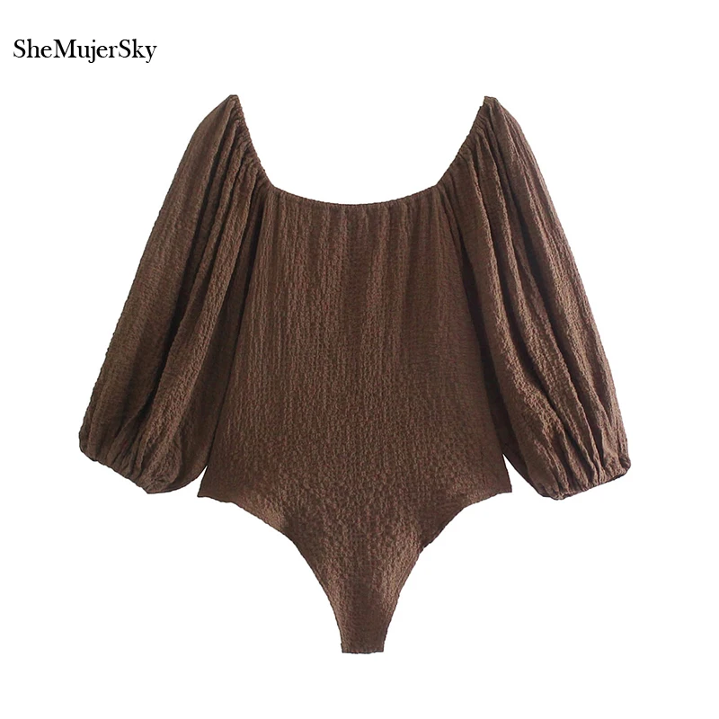 

SheMujerSky Women Sexy Off Shoulder Brown Bodysuits Lantern Sleeve Slim Elastic Jumpsuits 2021 Ladies Tops