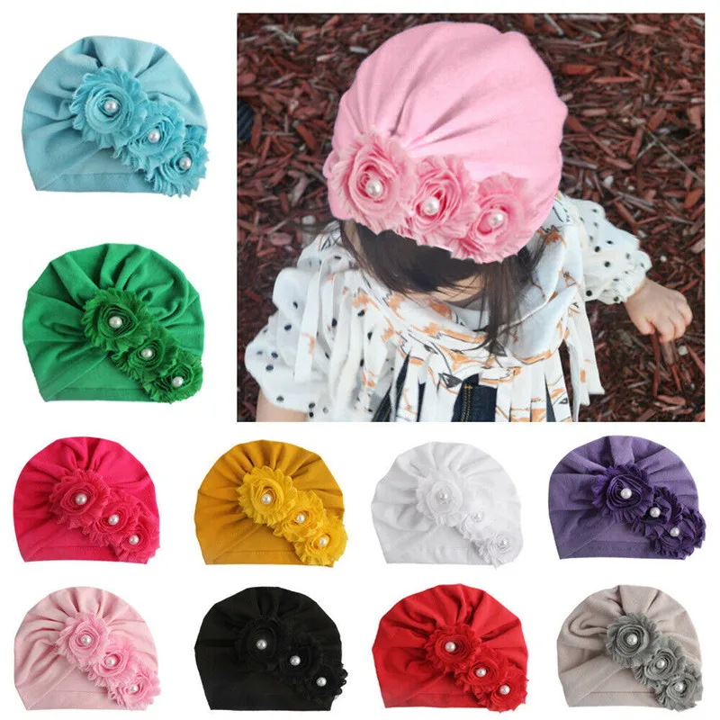 

Toddler Newborn Baby Girls Head Wear Autumn Spring Hat Elastic Solid Flower Pearls Cotton Comfort Beanie caps Cute Accessories