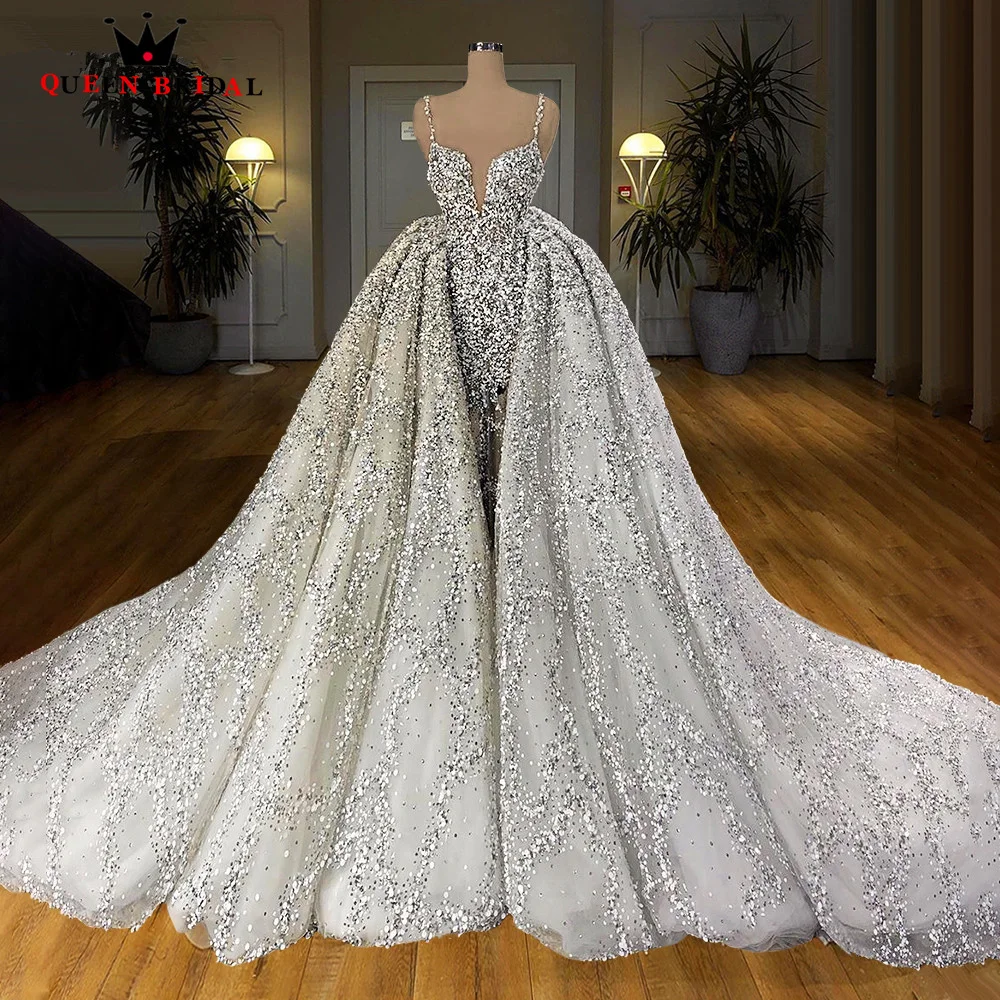 

Sexy Mermaid Wedding Dresses with Detachable Train Puffy Sequin Tulle Lace Crystal Formal Luxury Bridal Gown Custom Made JT14