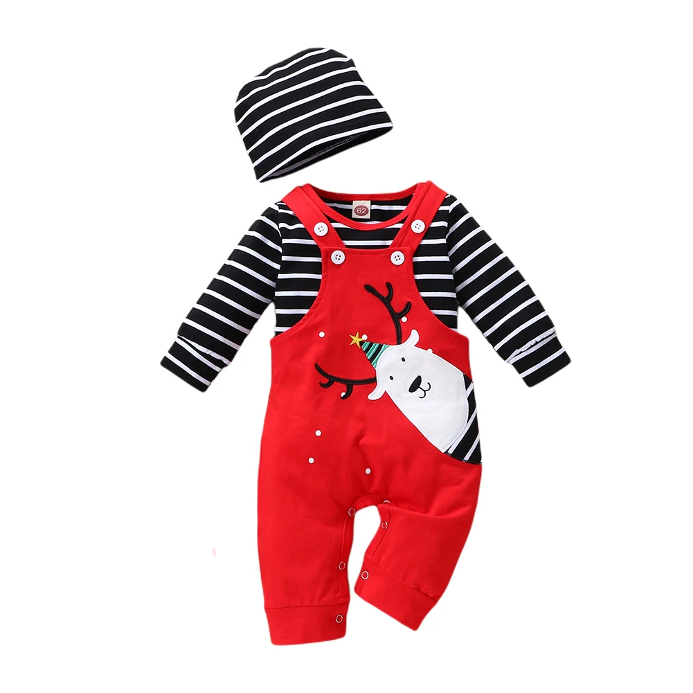 

3Pcs Spring Autumn Cute Baby Girls Boys Instagramable Christmas Long Sleeve Tops + Braces Overalls + Hat Set 0-18M