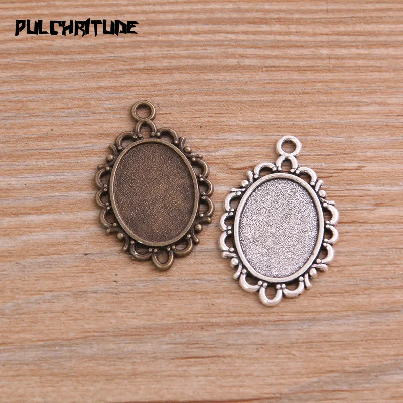 

10pcs 13*18mm Inner Size Two Color Metal Alloy Simple Oval Hollow Cabochon Pendant Setting Jewelry Findings