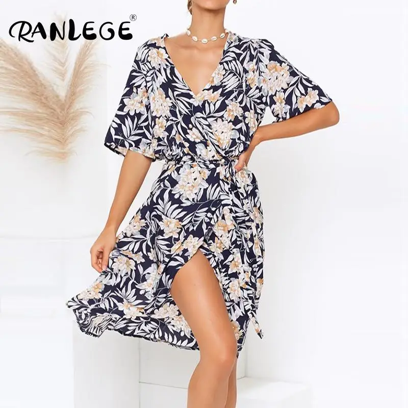 Женское платье с коротким рукавом RANLEGE повседневное летнее в стиле бохо v