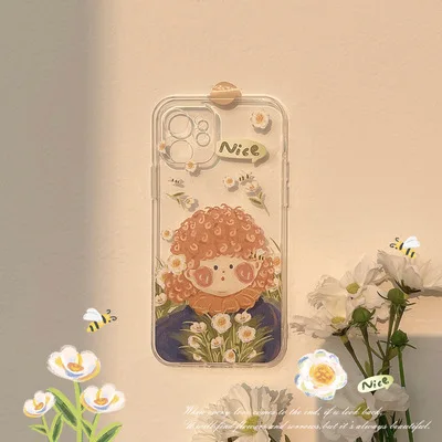 

Original Painted Oil Painting Curly Girl Transparent Soft Shell Camera All-inclusive Protection Comfortable TPU Material