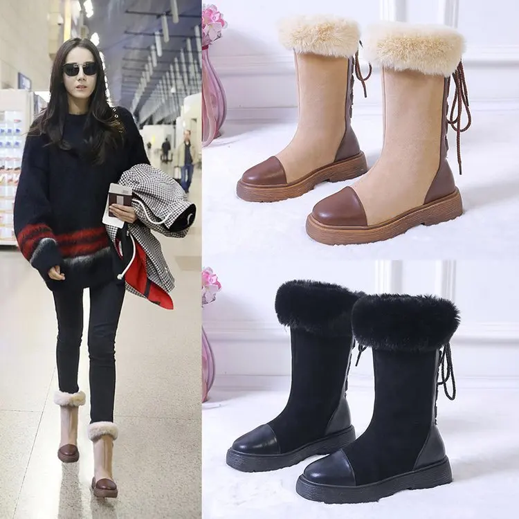 Женские сапоги до колена на шнуровке осенне-зимние смешанных цветов среднем