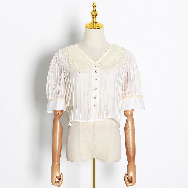 GALCAUR Korean Patchwork Ruffle Shirt For Woman Peter Pan Collar Puff Sleeve Oversize Loose Short Blouse Female Summer New 2020 | Женская