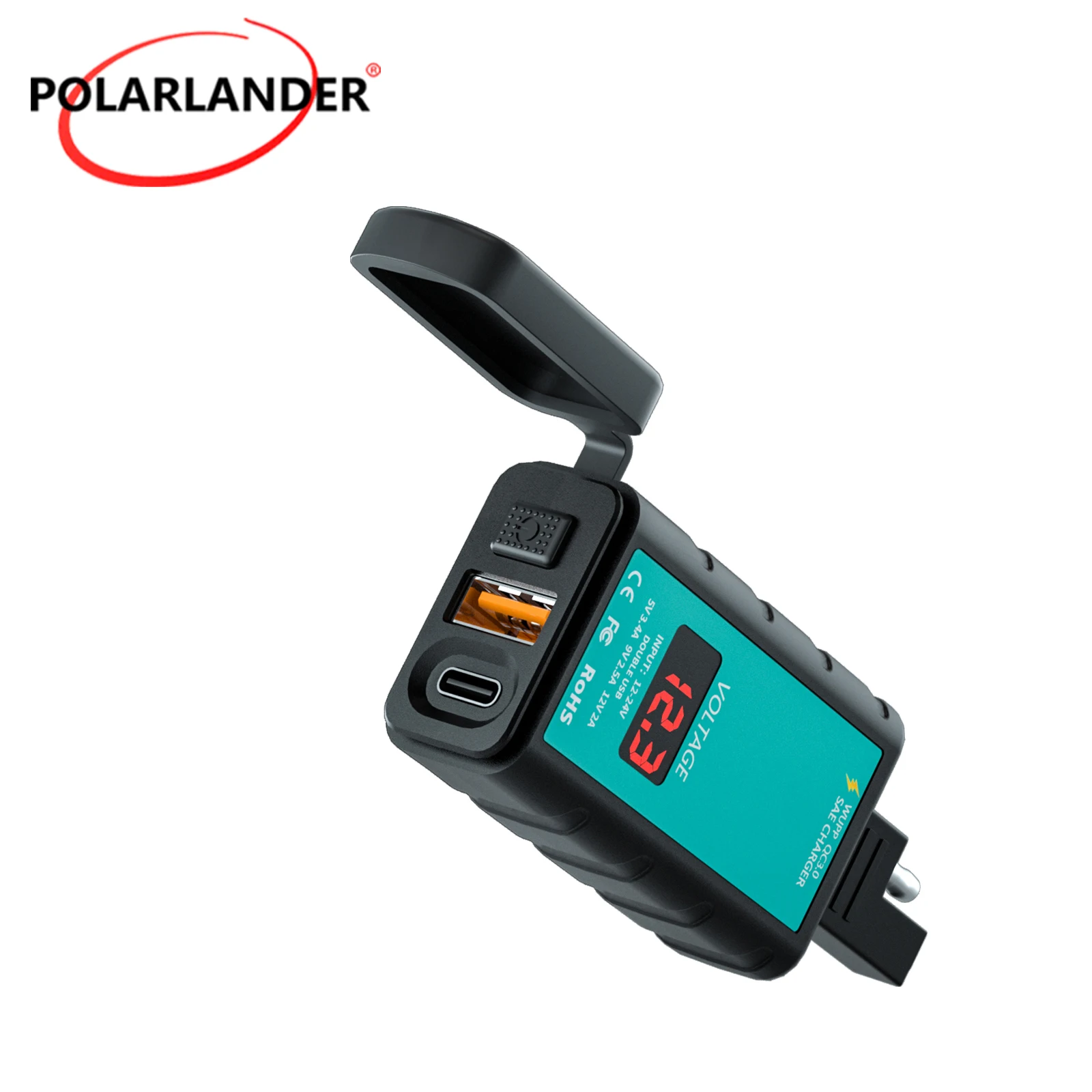 

Car Charger Square Single USB/PD Fast Charge Optional 1M/1.4M Cable Voltmeter+Integrated SAE Socket With Switch Waterproof Black