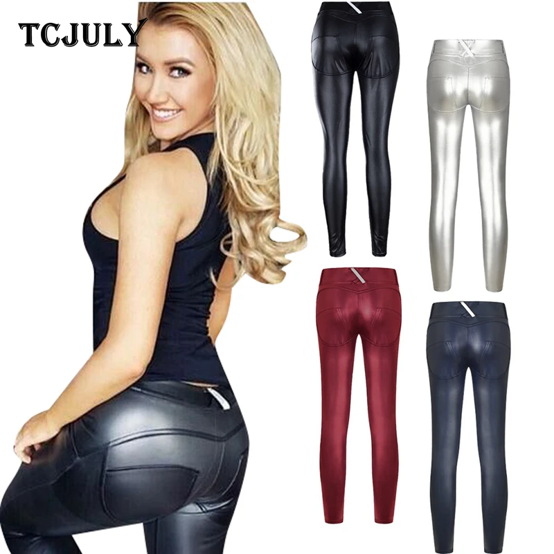 TCJULY Лидер продаж однотонные узкие брюки из искусственной кожи с пуш-ап высокой