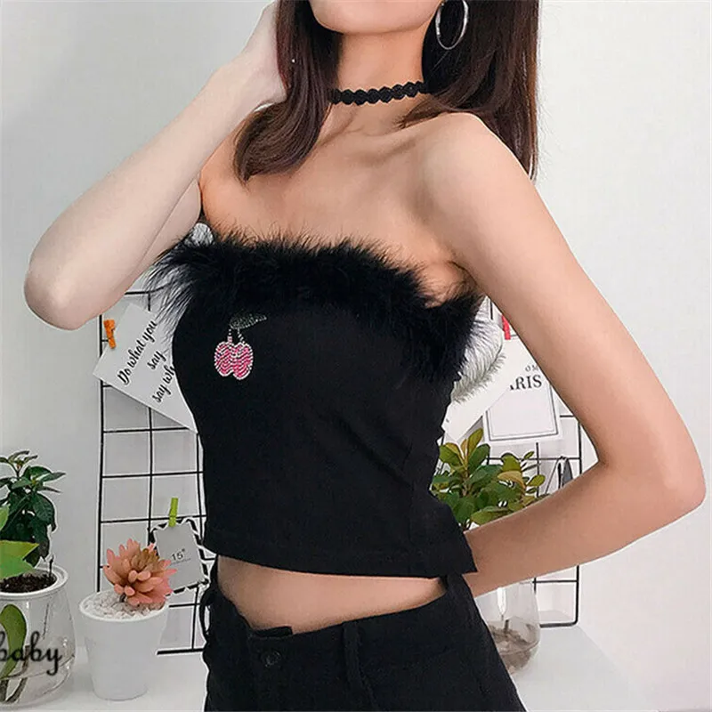 Summer New Fashion Ladies Bustier Off Shoulder Cherry Print Rhinestone Wrap Chest Sexy Women Feather Crop Tops Strapless Vest | Женская