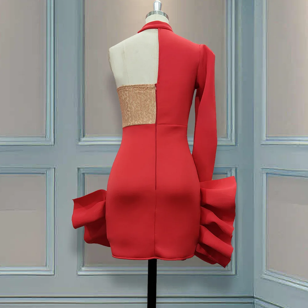 

Party Dresses Ruffles Lace Patchwork Bead Sexy One Shoulder Slope Long Sleeve Women Vestido Bodycon Backless Celebrate Dresses