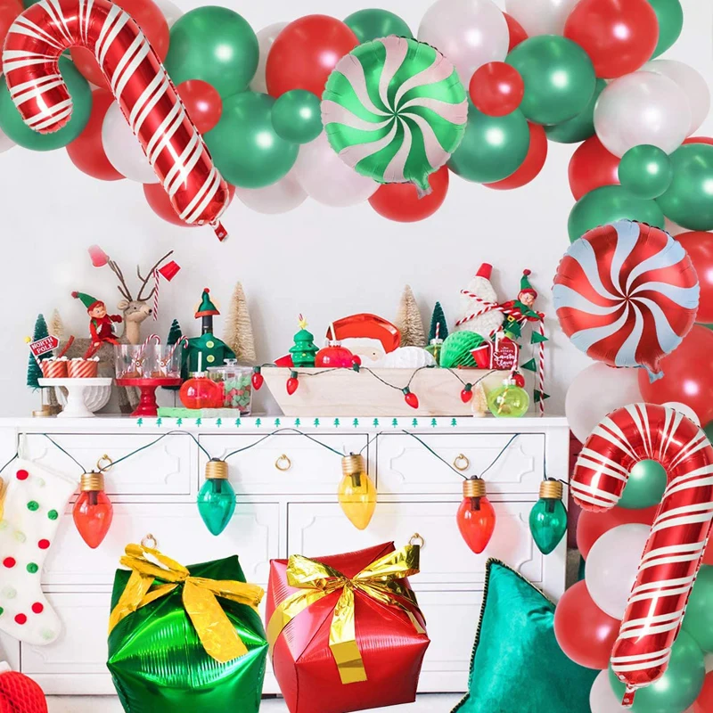 

92PCS Merry Christmas Balloons Garland Red Green DIY Ballon Chain Helium Round Foil Candy Globos Santa Claus Navidad Canes Decor