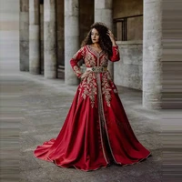 vintage red muslim evening dresses 2021 longsleeve beaded lace prom dress a line satin kaftan dubai abaya evening gowns formal