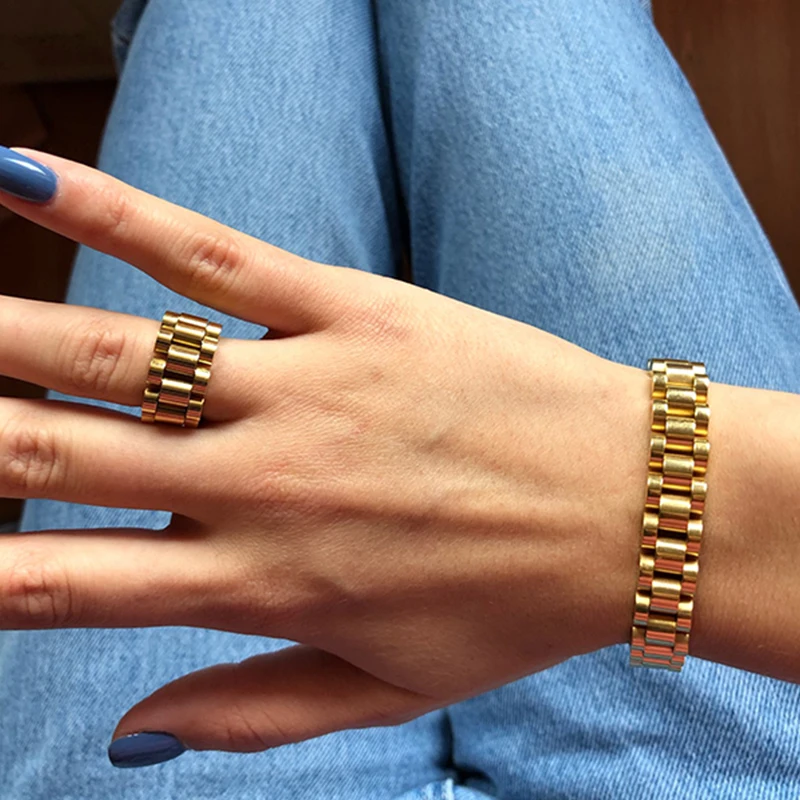 

Chunky Heavy Women Wristbands Bracelets,15/18mm Gold Tone Solid Stainless Steel Watch Band Chain Wrap Bracelet,Rock Punk Jewelry