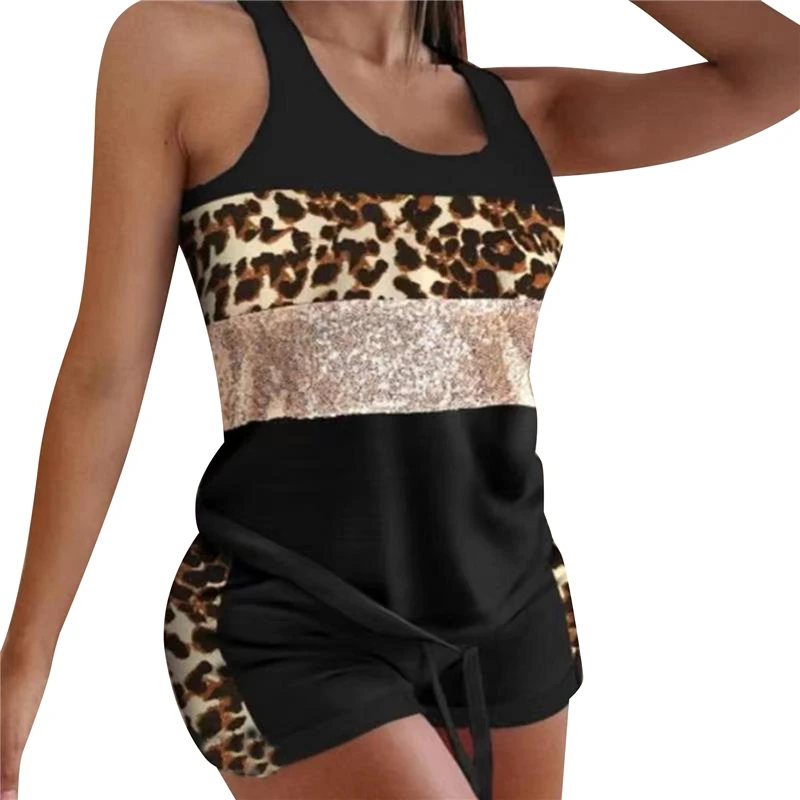 

2021 Tracksuit Women Two Piece Short Sets Ladies Casual Print Vest Shirt Top + Drawstring Shorts Suits Woman Clothing