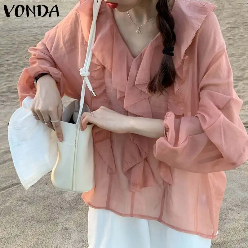 

Women Elegant Shirts Sexy V Neck Lace Puff Sleeve Casual Blouse 2021 VONDA Casual Solid Color Tops Beach Femme Blusas Femininas