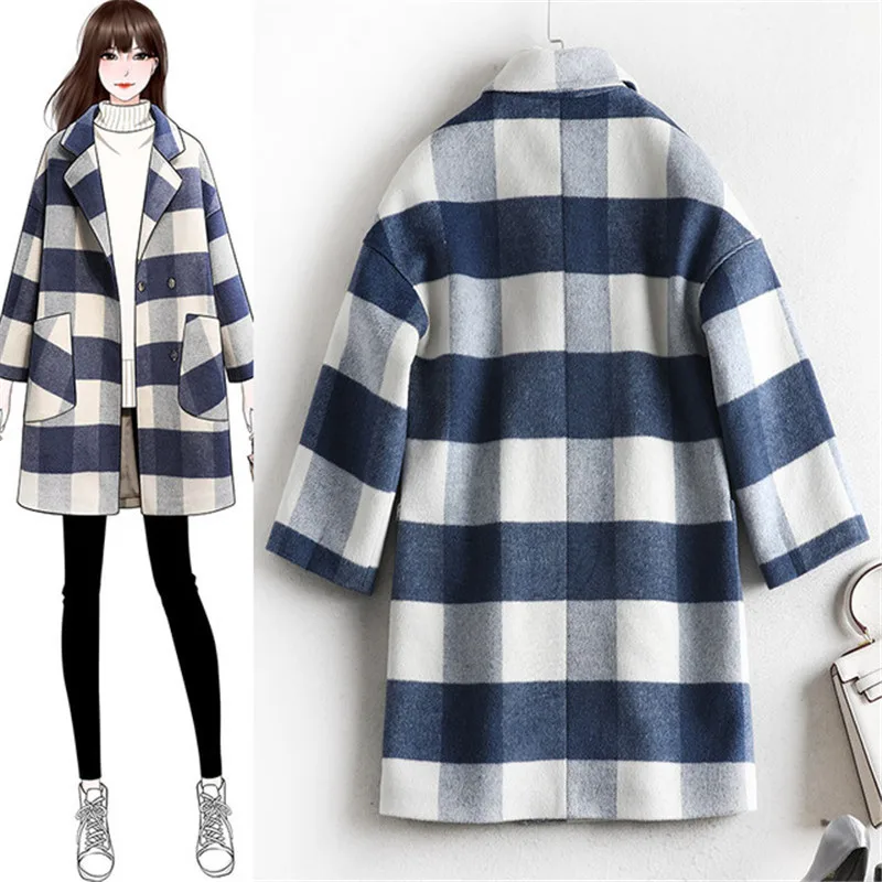 Женское шерстяное пальто осенне зимняя верхняя одежда в клетку средней длины с