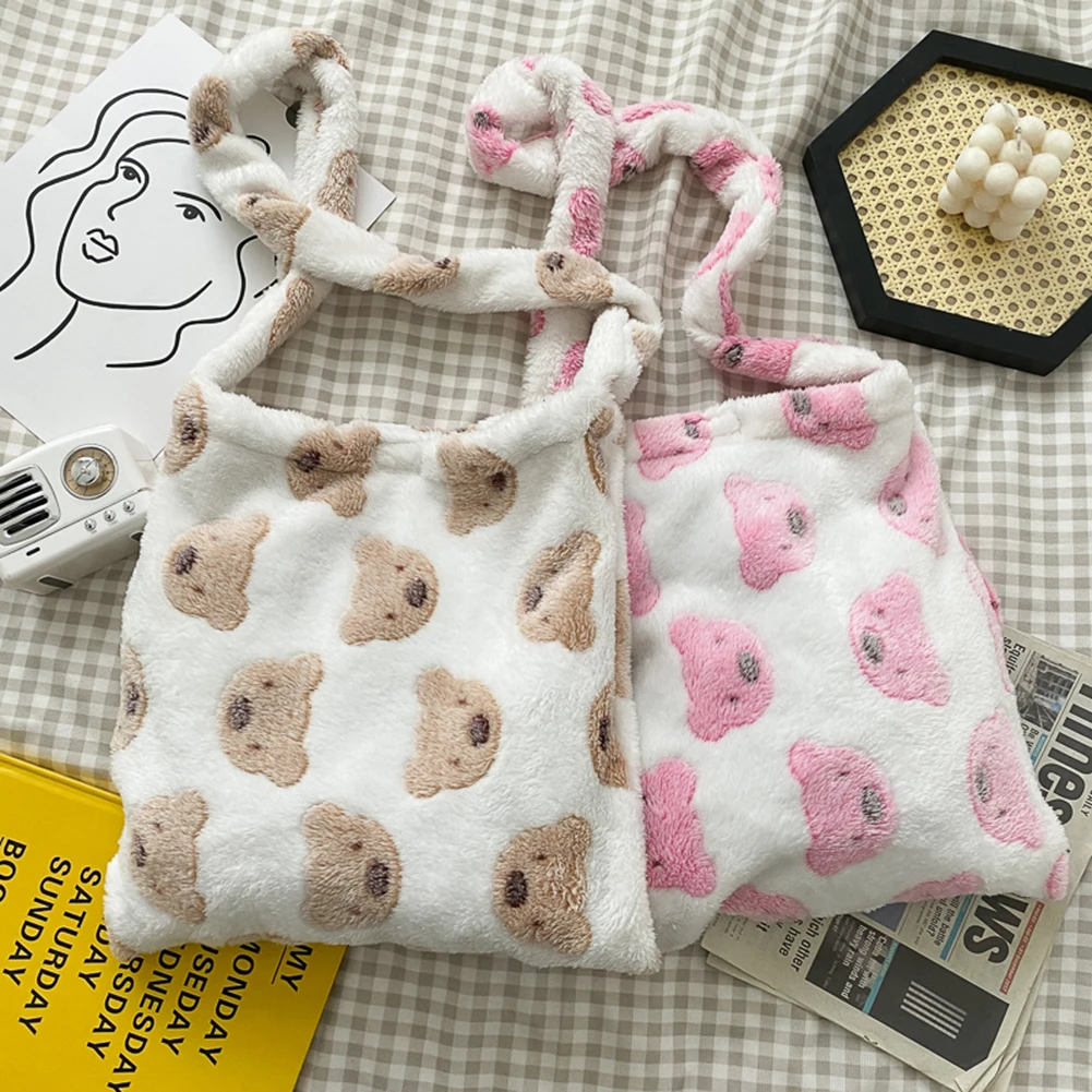 

Autumn Bear Pattern Messenger Bag Cute Women Plush Large Capacity Shoulder Satchel Girls Travel Daily Top-handle School Handbag