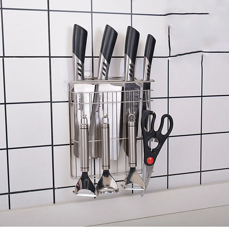 

Stainless Steel Knife Holder Kitchen Rack Free Punching Wall-mounted Kitchen Knife Holder Multi-function Knife Storage Rack with