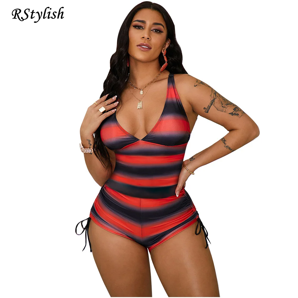 

RStylish 2021 Color Striped Print Drawstring Women One-piece Swimsuit Deep V-neck Swimwear For Summer Monokini Skinny Bodysuit