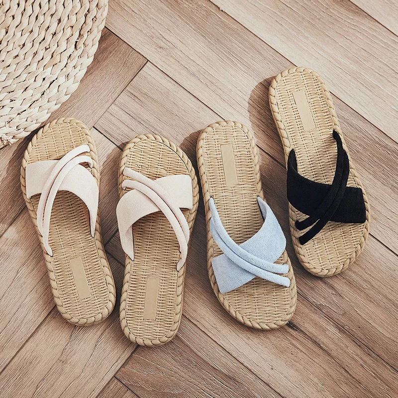 

Women's Summer Sandals 2021 New Women's Home Fur Slippers Outdoor Comfortable Beach Shoes Linen Woven Flip-flops Size 35-39
