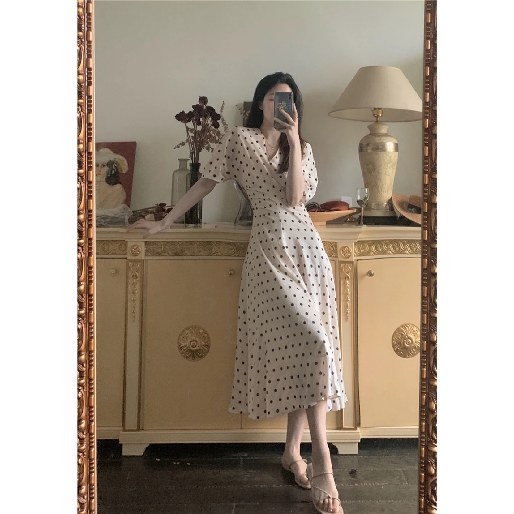 

French Polka Dot Skirt Wild V-neck Waist Slimming Dress Long Skirt