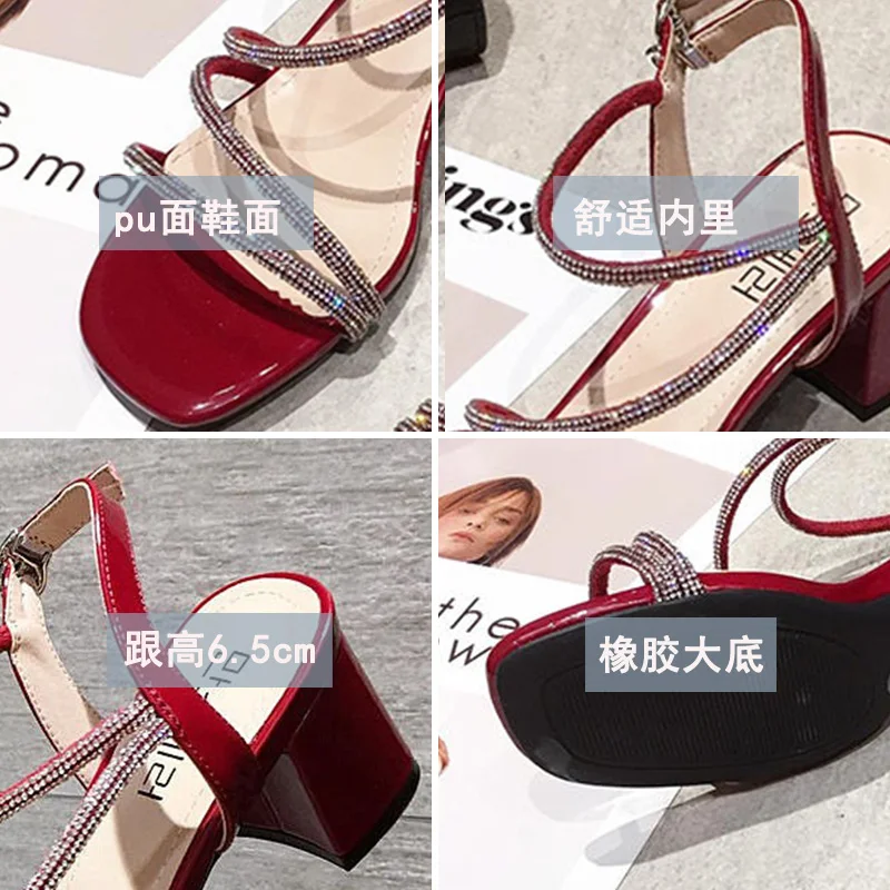 

Rhinestone Sandals Block Heels Black Shoes for Women Square Toe All-Match Chunky Beige 2021 Comfort High Fashion Girls Casual Bu