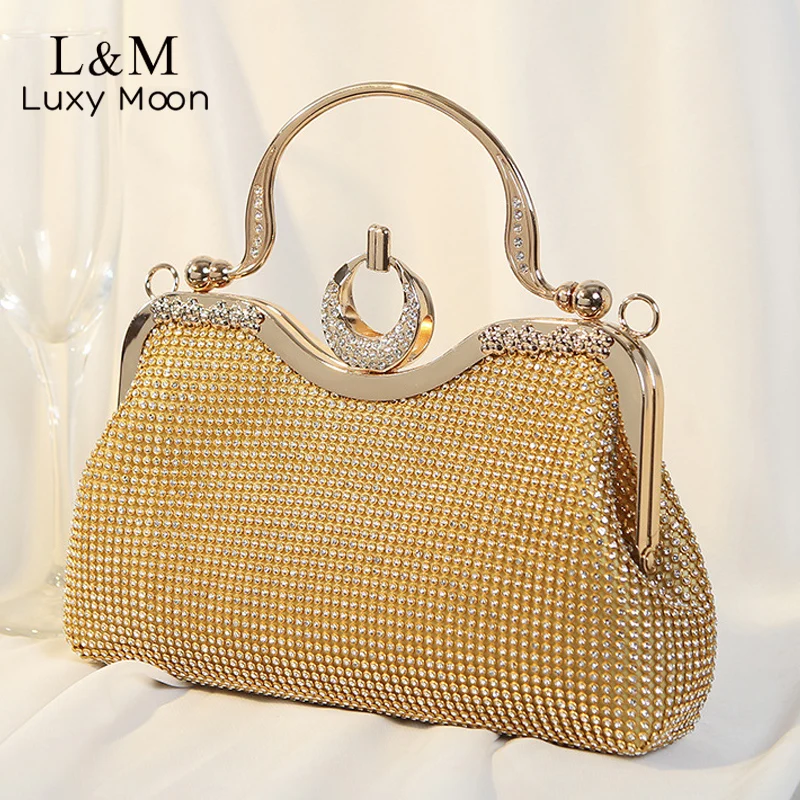 Bolso de mano de diamante para mujer, cartera de mano de diseñador de lujo para boda, dorado y plateado bolso de noche, exquisito bolso de hombro con cadena, X683H