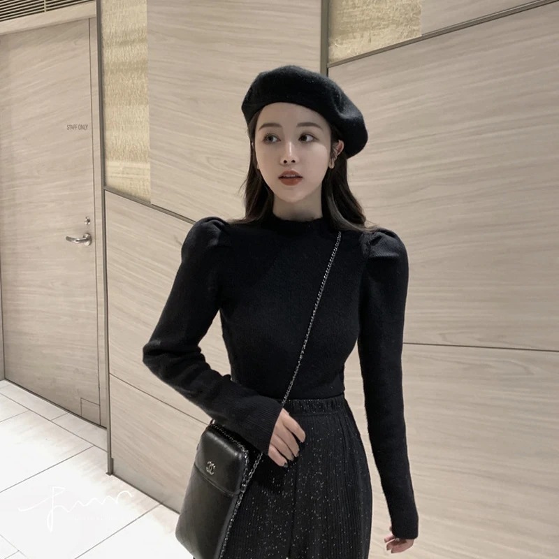 YAMDI vintage puff sleeve sweater women spring autumn 2020 new arrival female woman jumper solid o neck knit top pullove | Женская