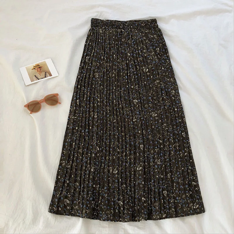 

Spring Summer Korean Sweet Chiffon Pleated Skirt Women High Waist Floral Long Skirts For Women Ladies A-line Skirt Femme
