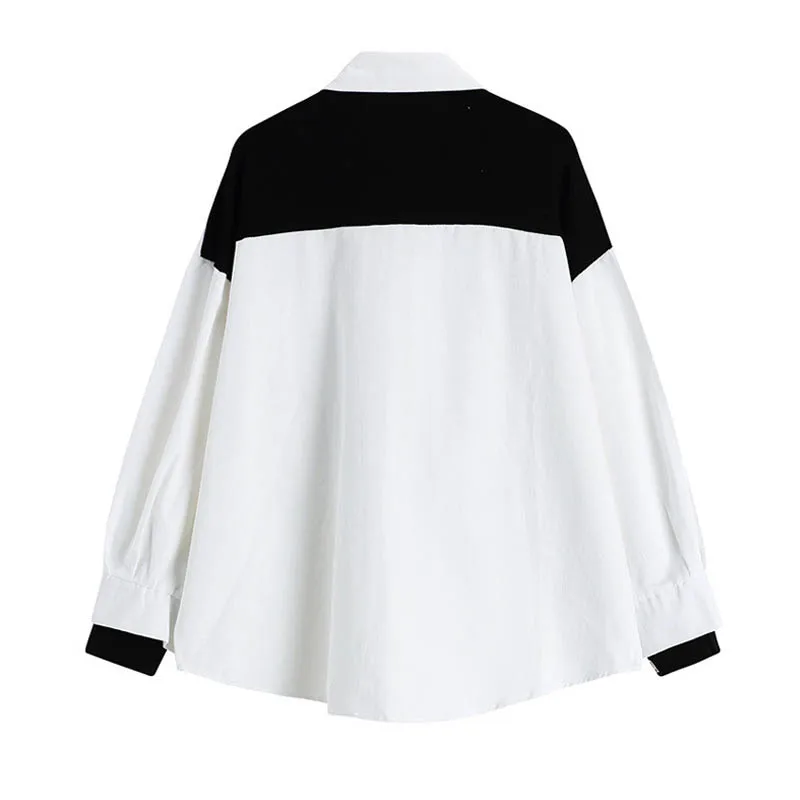 

Fake Two-piece Stitching Knitted Shawl Spring Casual Shirts Women Long Sleeve Turn Down Collar Blouses Simple Button Up Shirt