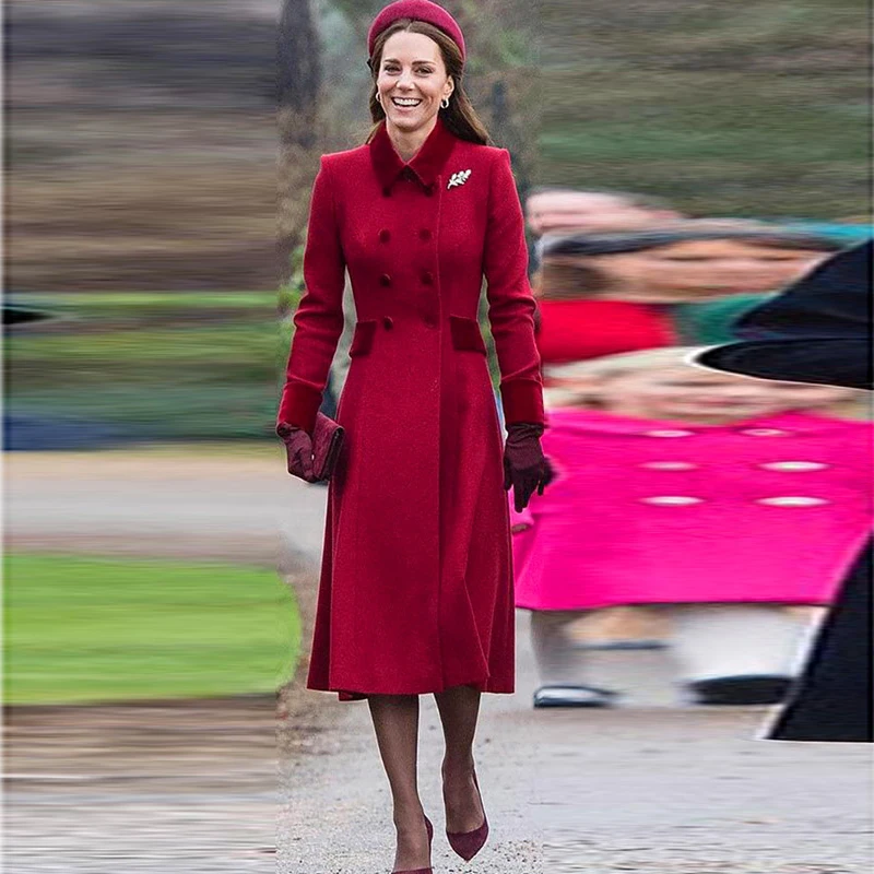 

Pocket Kate Middleton Velvet Double Breasted Long Sleeve Red Woolen Coat Long Slim Fit Temperament High Quality New Women