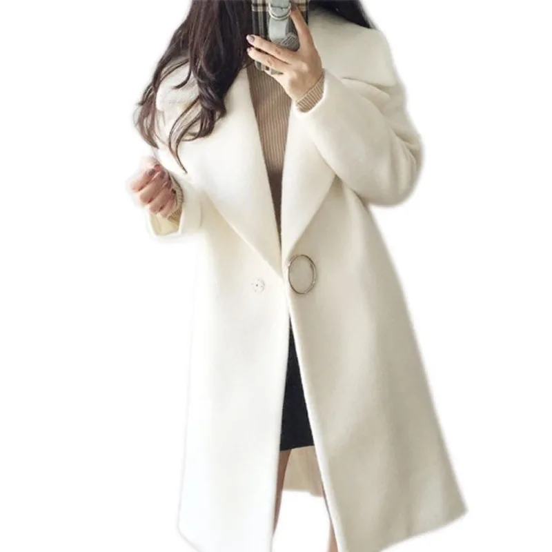 

White Wool Mixture Coat Woman Long Sleeve Winter Fashion Coat Delicate Wool Coat For 2019 Female Overcoat FZ796