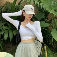 leaky collarbone v neck t shirt autumn and winter long sleeve tight open navel bottoming crop top shirt women tshirt new vogue