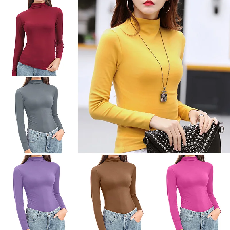 

2020 Autumn Women's High Collar Bottoming Shirt Long-sleeve T-shirt Solid Color Fashion Ladies Warm Slim Wild Shirt