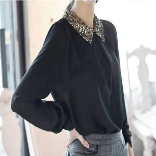 Новинка Женская винтажная прозрачная Свободная блузка с блестками круглым
