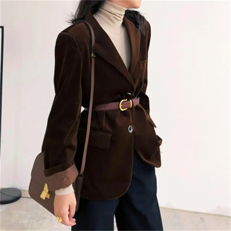 

Золотистый бархатный повседневный костюм, Женская куртка, весна, новая мода, женский толстый однобортный свободный Блейзер высокого качест...