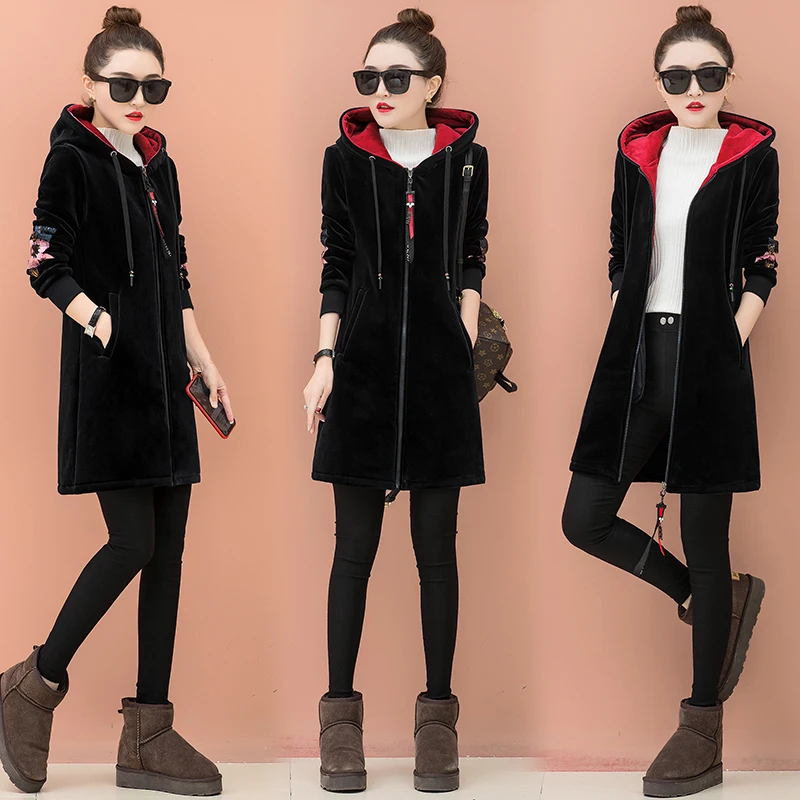 Pleuche long wool coat wet fleece new autumn and winter clothes loose hooded hoodies sweatshirt velvet top student | Женская одежда