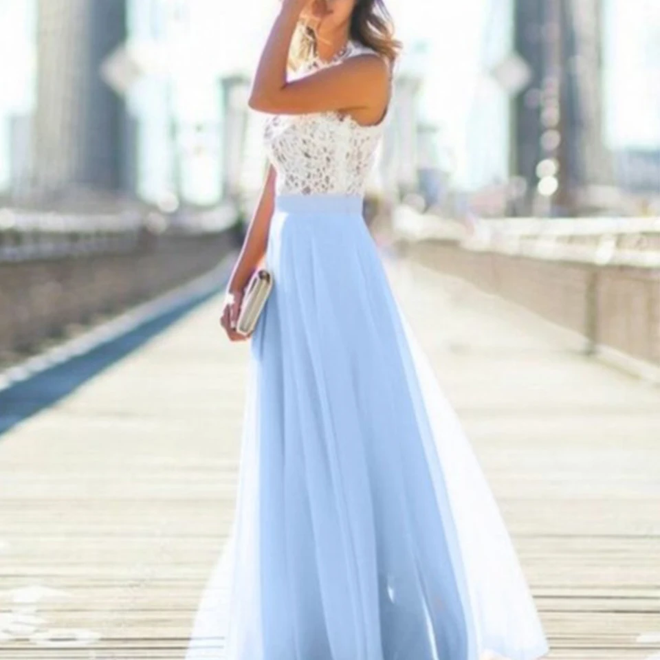 

Autumn Hot Sale New Lace Panel Women Chiffon Maxi Dresses Round Neck Sleeveless Dress Slim Fit Harajuku Fashion Party Dress